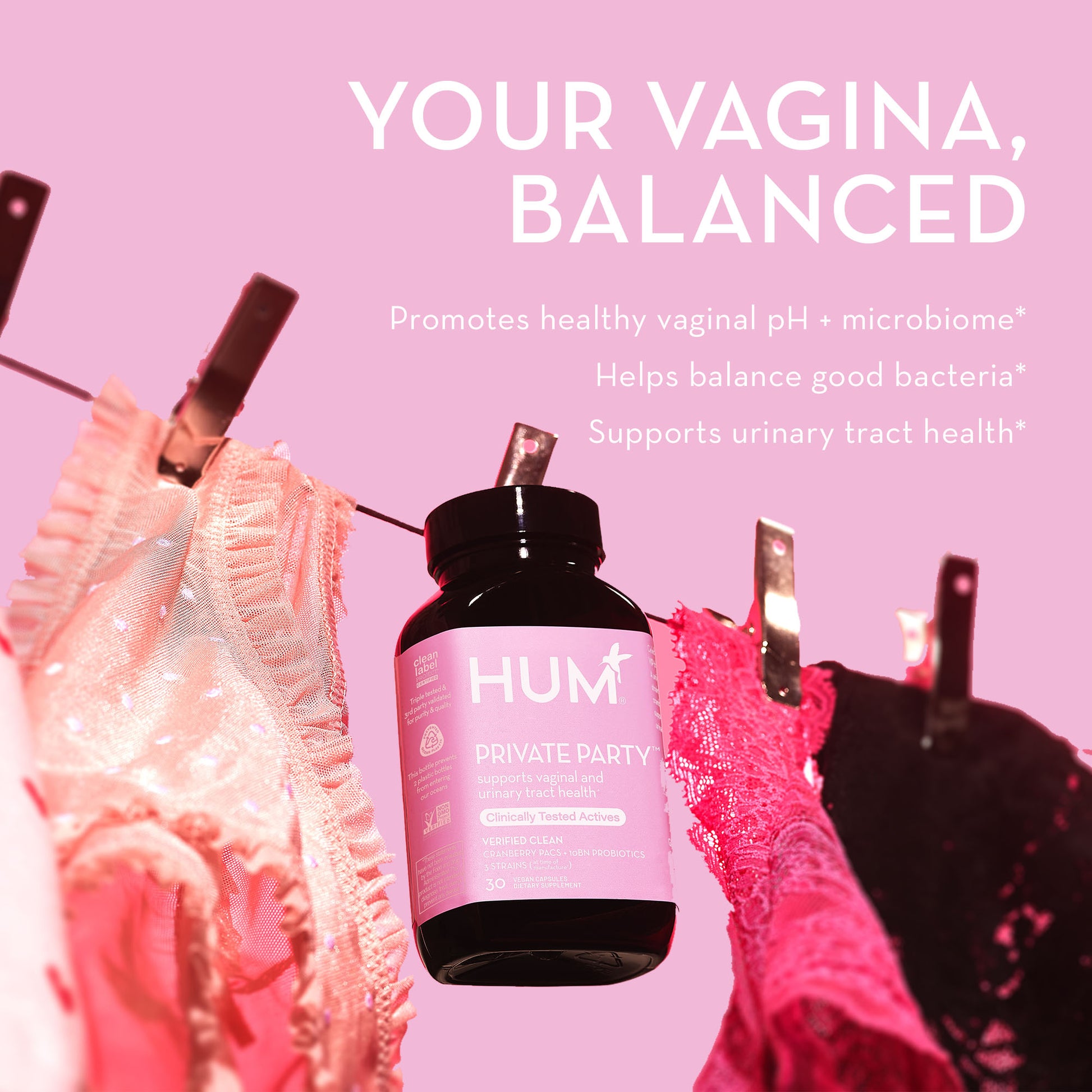 HUM NUTRITION Private Party capsules promotes healthy vaginal pH and microbiome, helps balance good bacteria, and supports urinary tract health