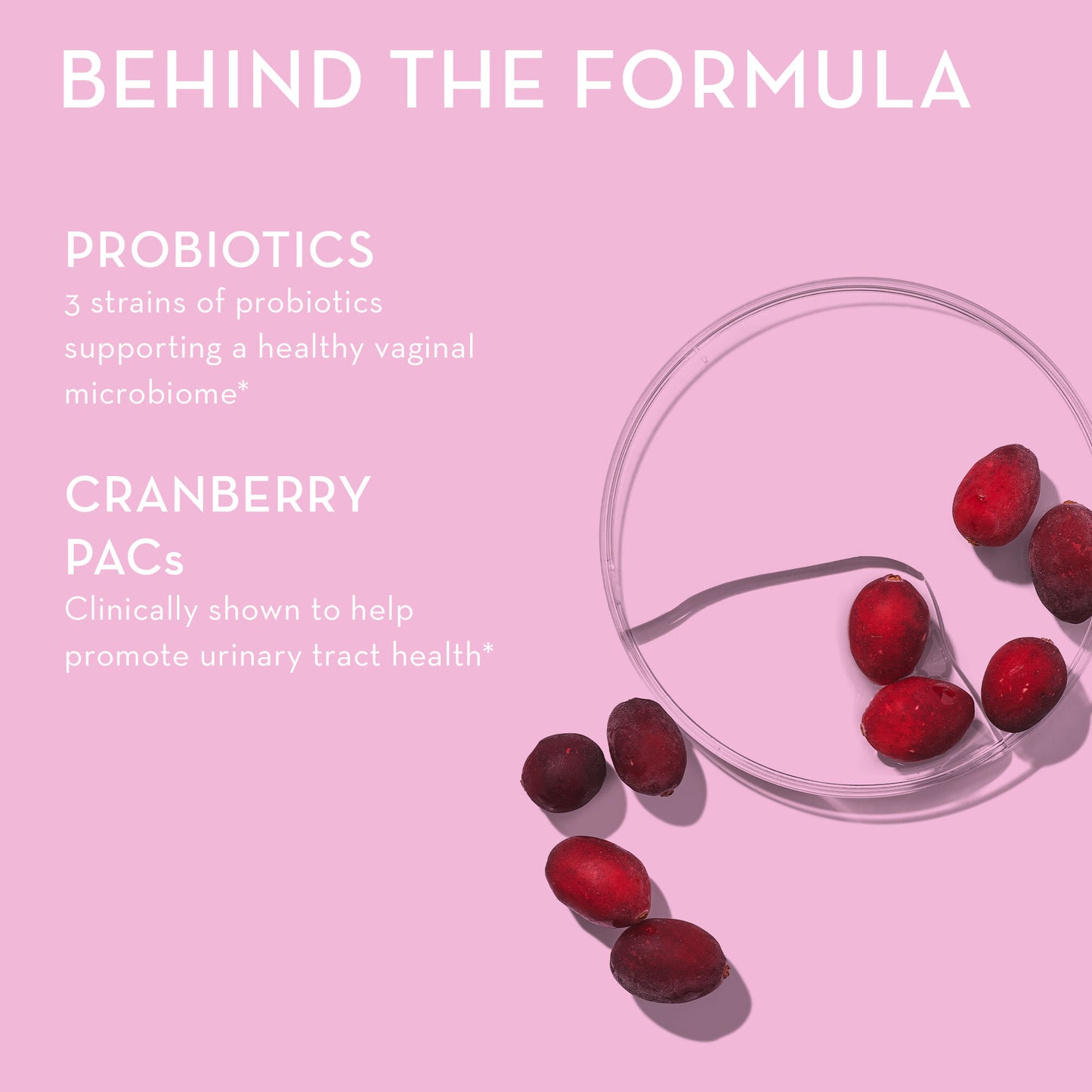 Probiotics and cranberry PACs in HUM NUTRITION Private Party capsules, behind the formula