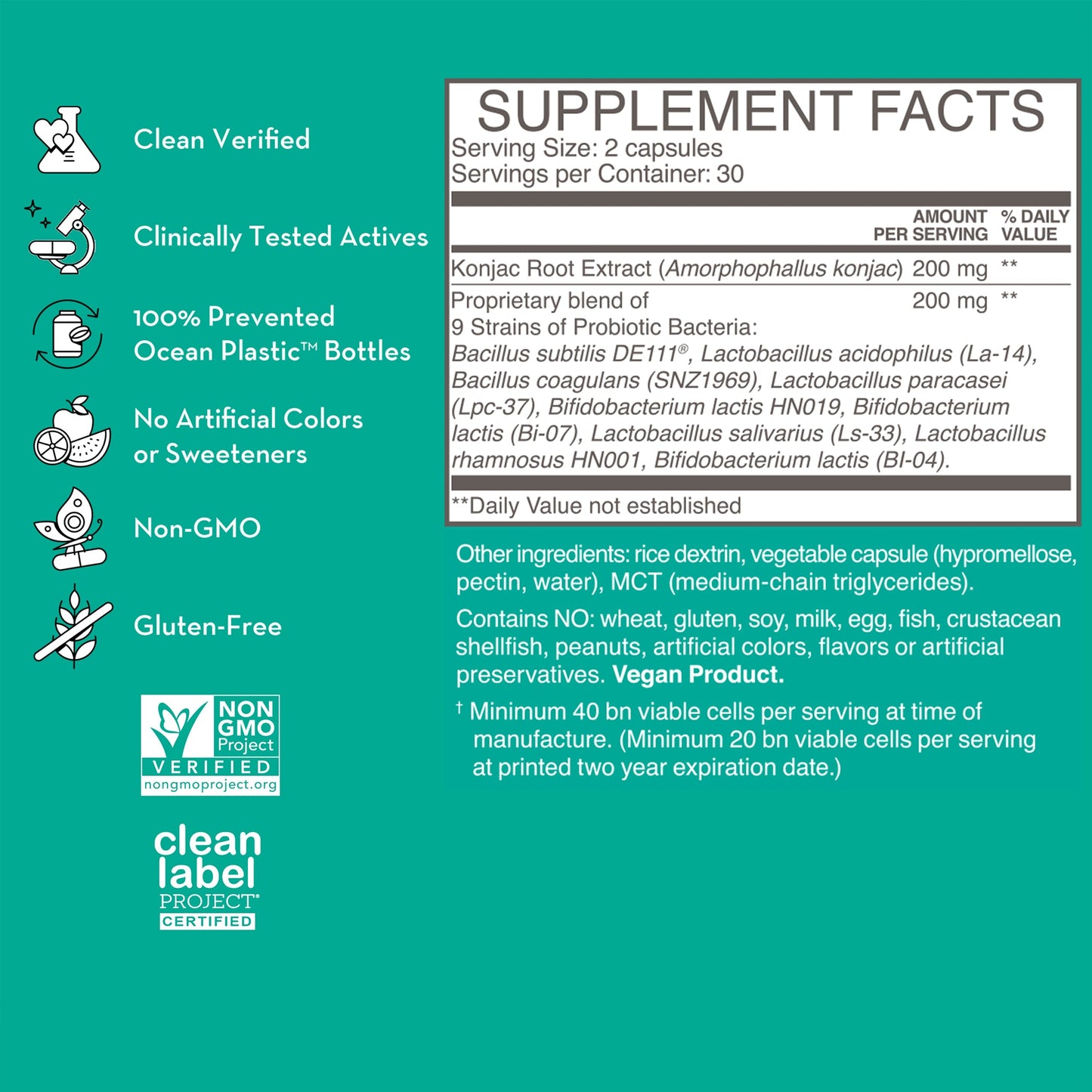 product description and supplement facts label on a bottle of HUM NUTRITION Skin Squad Pre+Probiotic capsules