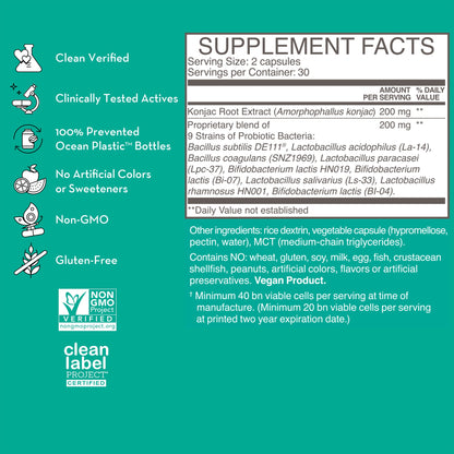 product description and supplement facts label on a bottle of HUM NUTRITION Skin Squad Pre+Probiotic capsules