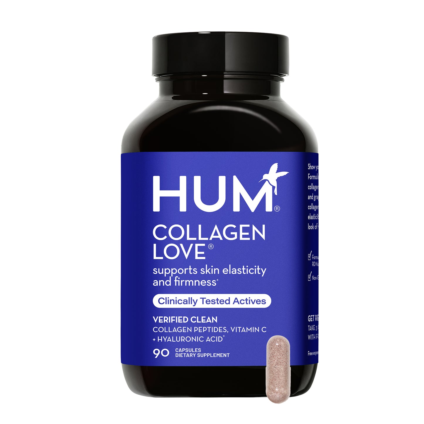 a bottle of HUM NUTRITION Collagen Love capsules, a dietary supplement that supports skin elasticity and firmness