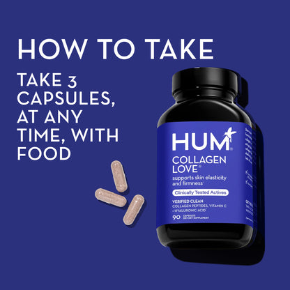 how to take HUM NUTRITION Collagen Love capsules: take 3 capsules, at any time, with food