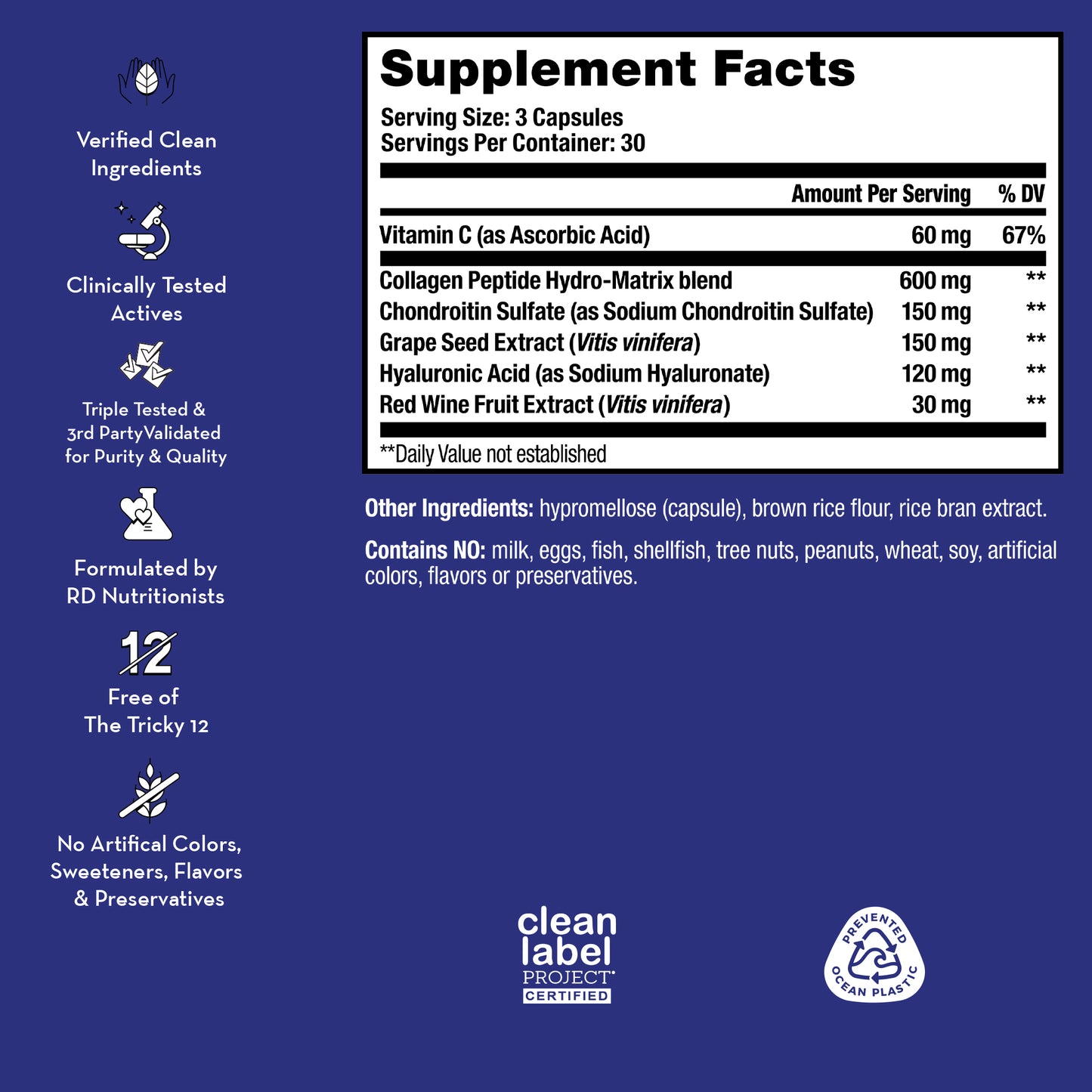 product description and supplement facts label on a bottle of HUM NUTRITION Collagen Love capsules