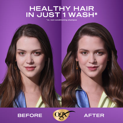 A picture of a woman with flat hair next to a picture with voluminous hair after using OGX Thick & Full Shampoo