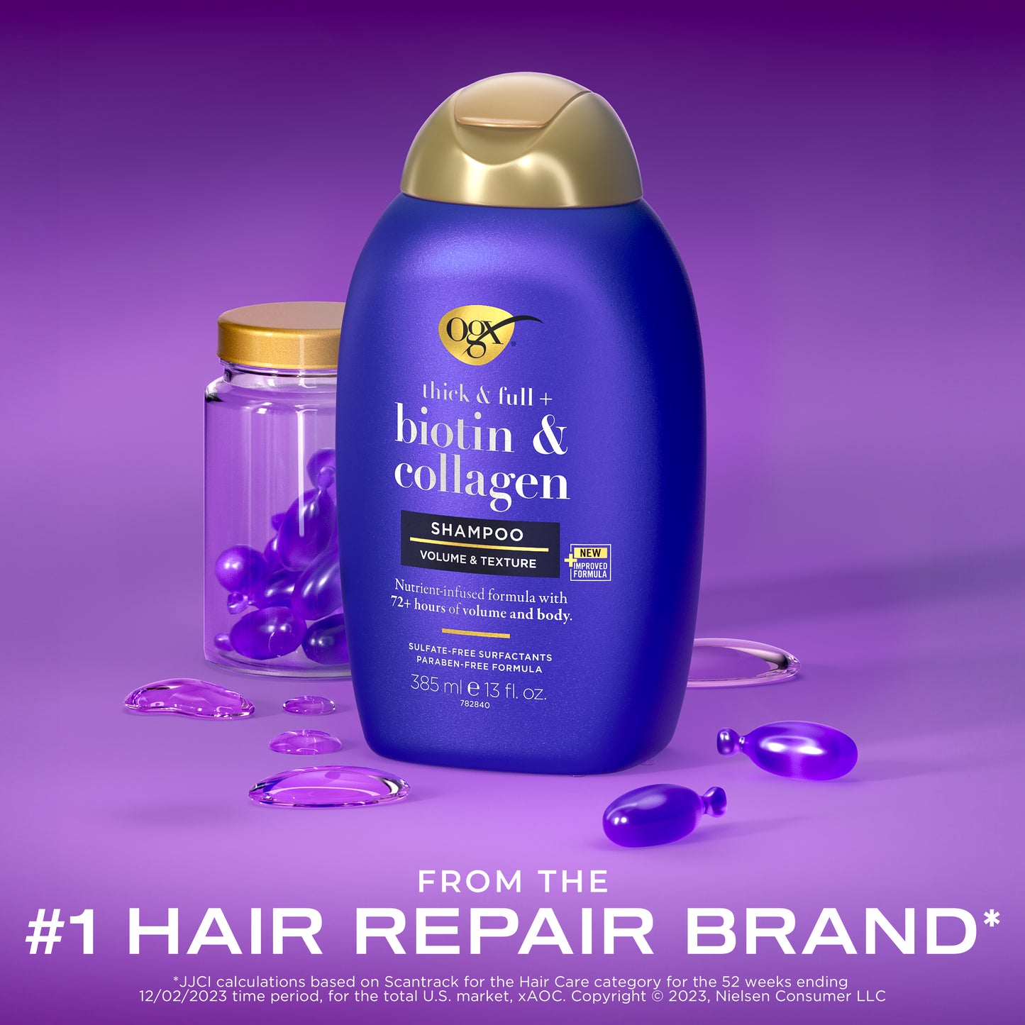 A bottle of OGX Thick & Full + Biotin & Collagen Shampoo on a purple background