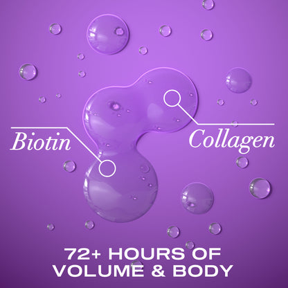 A close up photo showing the color and texture of OGX Thick & Full + Biotin & Collagen Shampoo