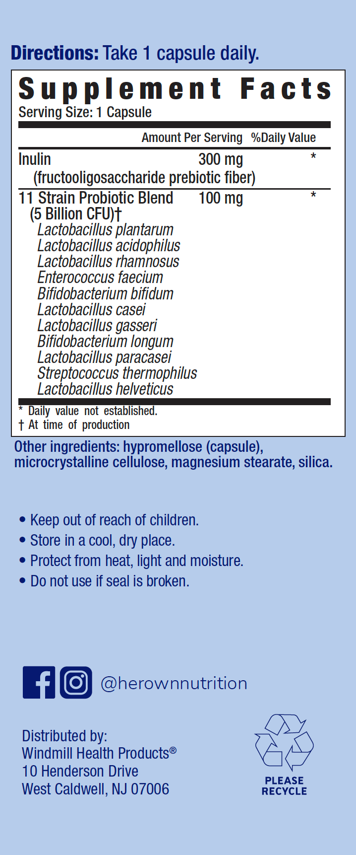 the side of a box of HER OWN Probiotic Supplement Light & Clean capsules with its directions and supplement facts label