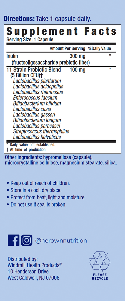 the side of a box of HER OWN Probiotic Supplement Light & Clean capsules with its directions and supplement facts label