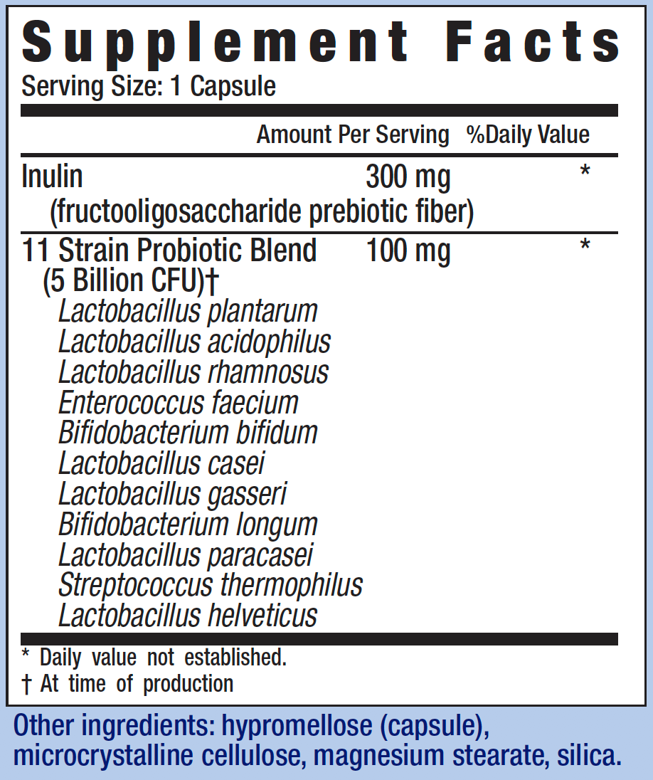 enlarged view of the supplement facts label for HER OWN Probiotic Supplement Light & Clean capsules