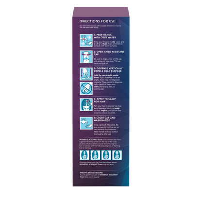 The side of a purple box of Women's Rogaine Foam Solution displaying directions for use.