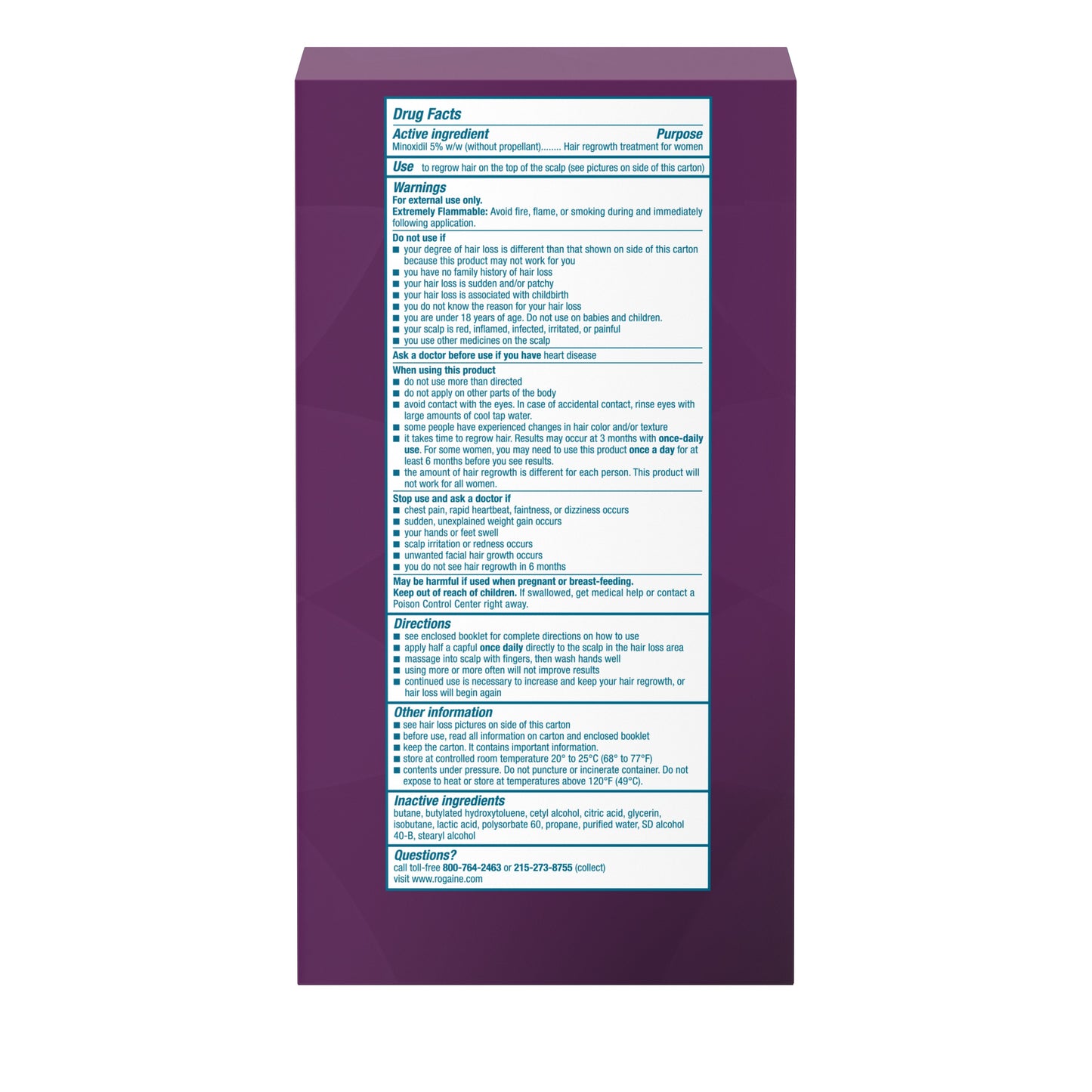 The back of a purple box of Women's Rogaine Foam Solution displaying the drug facts.