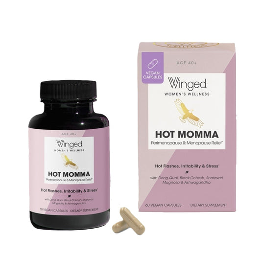 A container of Hot Momma Menopause Support Supplements next to its box and 2 supplement capsules