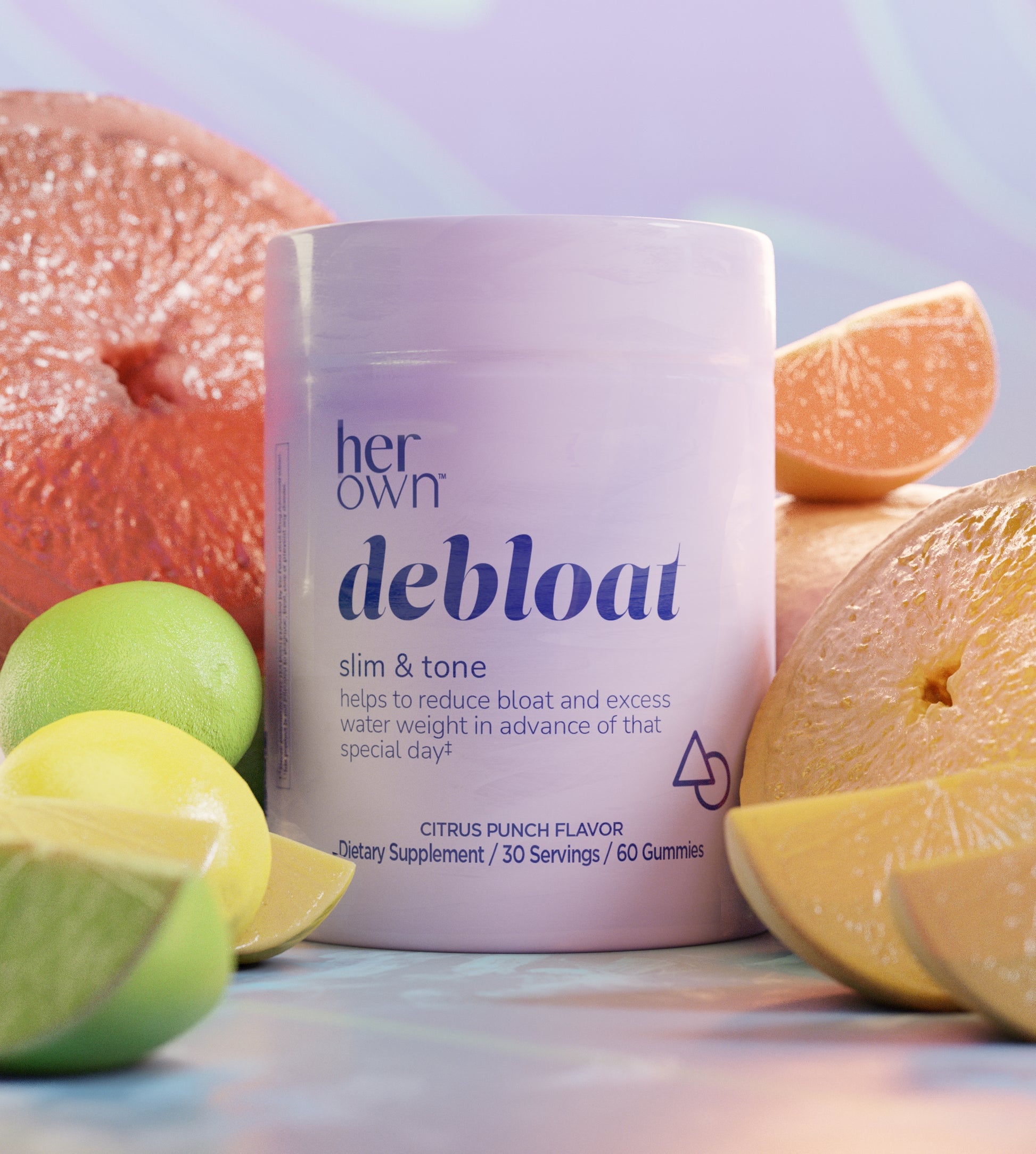 a container of HER OWN Debloat Slim & Tone citrus punch flavor gummies, surrounded by citrus fruits